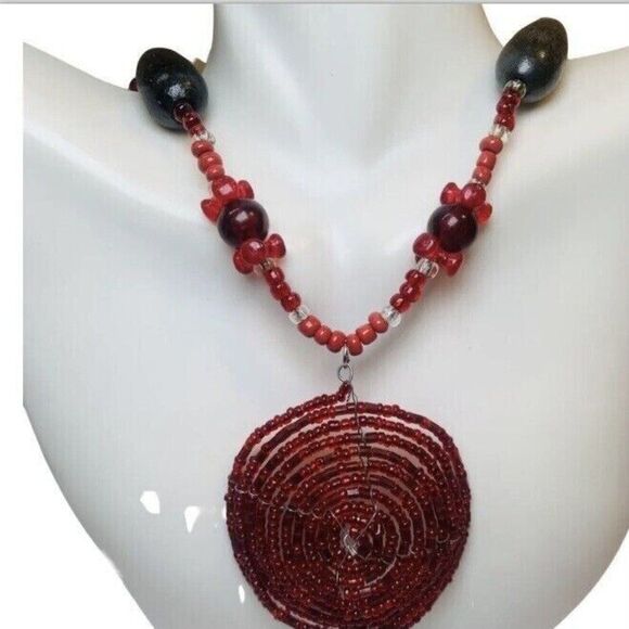 Vintage Hippie Bohemian Red Beaded Pendant Statement Necklace 24”Wood Artesian - Picture 4 of 16